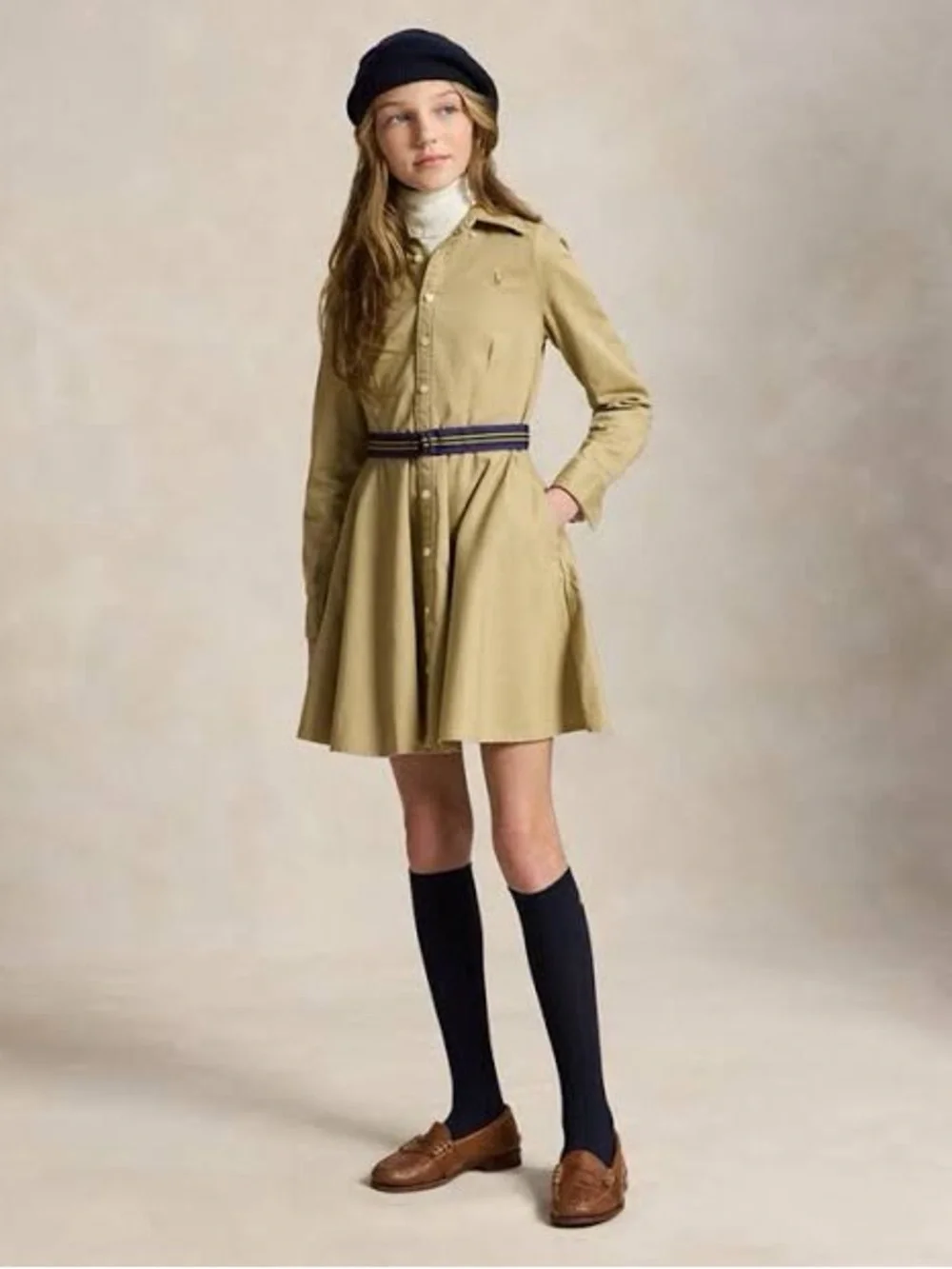 Ralph Lauren Khaki Long-Sleeve Shirt Dress with Striped Belt